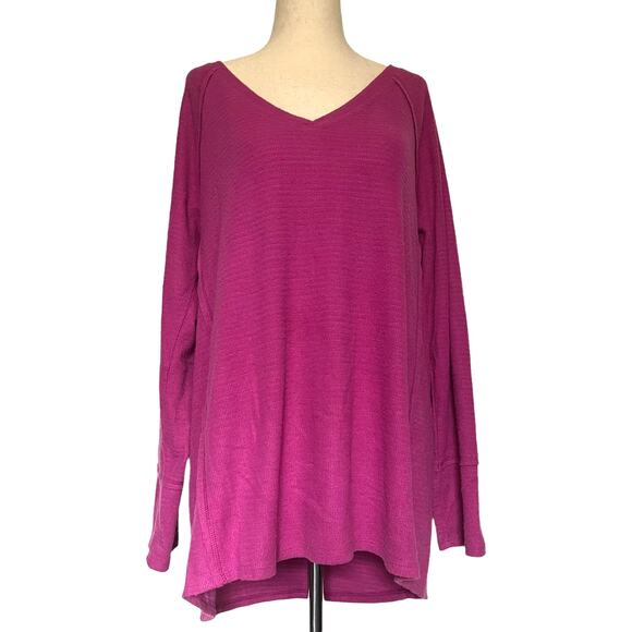 WildFox Haley Brushl Womens Top Size Medium Fuchsia Pink Thermal Waffle V-Neck - Picture 1 of 13